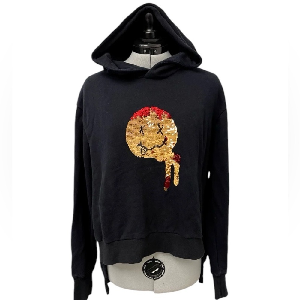 Izzue Black Hoodie With Reversible Sequin Happy Face/Melt Streetwear Fall Winter